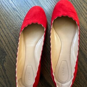 Chloe Red Burgundy Scalloped Suede Flats